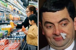 Adult and child examining grocery items; Mr. Bean with a bandage on his nose looking puzzled