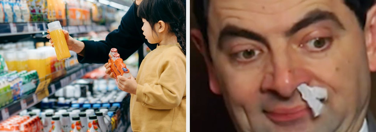 Adult and child examining grocery items; Mr. Bean with a bandage on his nose looking puzzled