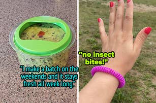 reviewer's guac bowl and reviewer wearing insect repellent bracelet