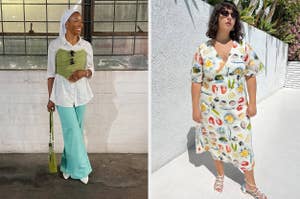 Two women posing separately, one in a green top with blue trousers and headscarf, the other in a fruit-patterned dress with white sandals
