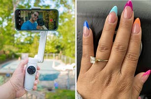 Person taking a selfie with a stabilizer; another image shows a hand with multicolored manicure