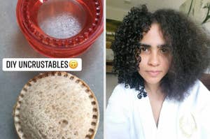 on the left a DIY uncrustable sandwich maker, on the right a before and after of defined curly hair