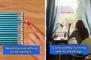 Split image: left side shows a hand pointing at aligned pencils, right side shows a person at a desk facing a window