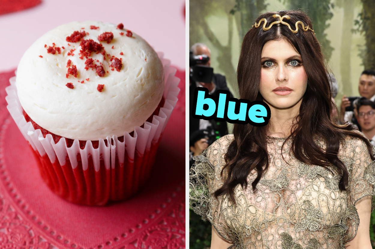 On the left, a red velvet cupcake, and on the right, Alexandra Daddario with blue typed next to her face