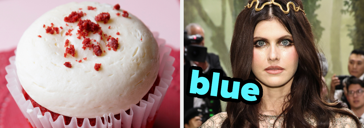 On the left, a red velvet cupcake, and on the right, Alexandra Daddario with blue typed next to her face