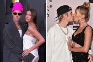 Two side-by-side photos of Justin Bieber and Hailey Bieber, first posing, then kissing on the cheek, at an event