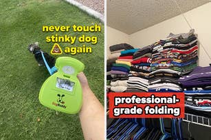 reviewer holding DoggyBuddy scoop; reviewer's neatly folded clothes on shelves