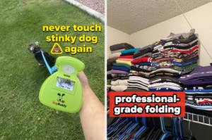 reviewer holding DoggyBuddy scoop; reviewer's neatly folded clothes on shelves