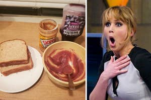 Woman reacting with surprise to a peanut butter and jelly sandwich with excessive jelly