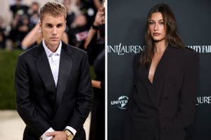 Justin Bieber in a classic black suit with a white shirt, and Hailey Bieber in a black plunging blazer dress
