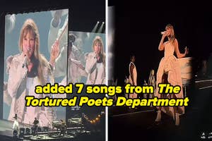 Two images side by side of Taylor Swift performing on stage with added text about new songs
