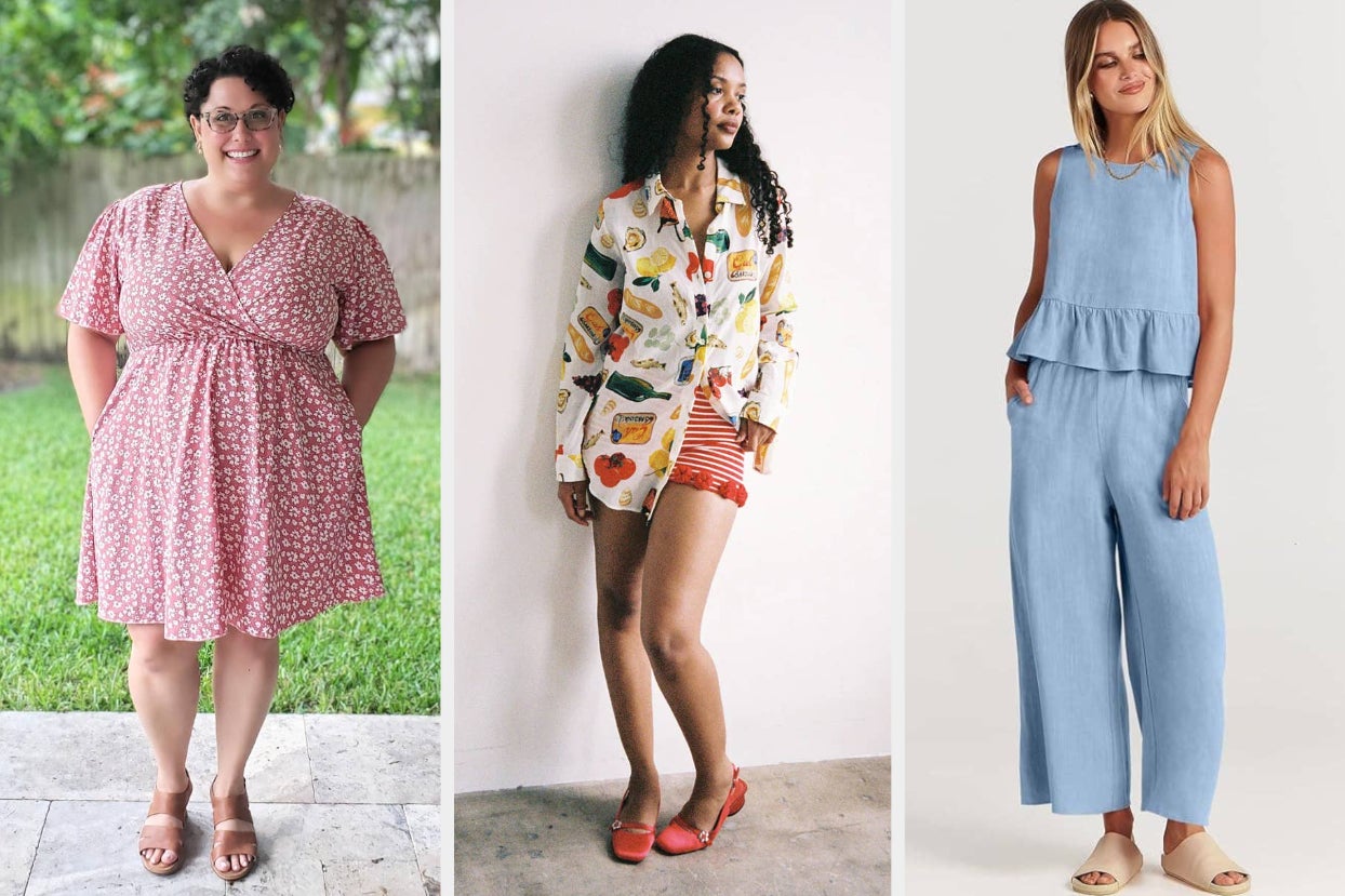 Three models in various casual outfits, from left: floral dress, fruit print shirt with shorts, and blue jumpsuit