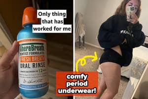 Woman in mirror selfie wearing period underwear; bottle of oral rinse showcased. Text emphasizes comfort and product efficacy
