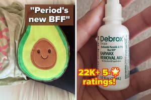 Image of an avocado-shaped heating pad and a bottle of Debrox earwax removal drops, both with high customer ratings for shopping reference