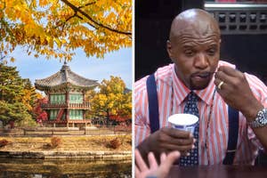 On the left, a traditional Korean pavilion in a park with autumn leaves, and on the right, Terry from Brooklyn Nine Nine eating yogurt
