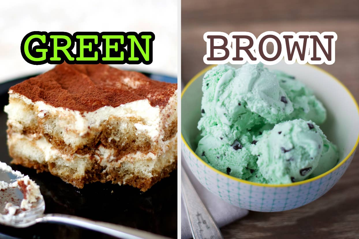 On the left, a slice of tiramisu labeled green, and on the right, mint chocolate chip ice cream labeled brown