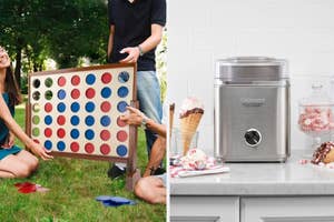 People playing a large Connect Four game; Cuisinart ice cream maker next to desserts