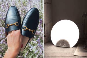A person wearing elegant loafers next to a modern, round lamp displaying time; products for shopping article