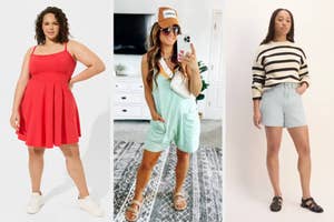 Three models in casual summer outfits; a sundress, a tee with shorts, and a striped sweater with denim shorts