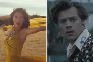 Taylor Swift dancing in a yellow dress; Harry Styles in a patterned shirt with a collar pin