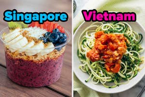 On the left, an acai bowl labeled Singapore, and on the right, zoodles with marinara sauce labeled Vietnam