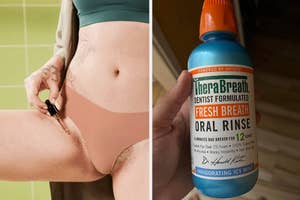 model applying fur oil to bikini line and reviewer holding bottle of therabreath oral rinse
