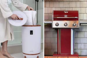 Left: model using towel warmer, Right: bright red grill