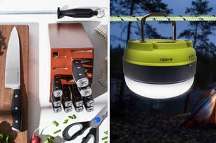 Two images side by side, one showing a set of kitchen knives in a wooden block, and the other a portable LED camping lantern