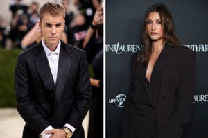Justin Bieber in a classic black suit with a white shirt, and Hailey Bieber in a black plunging blazer dress