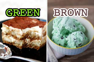 On the left, a slice of tiramisu labeled green, and on the right, mint chocolate chip ice cream labeled brown