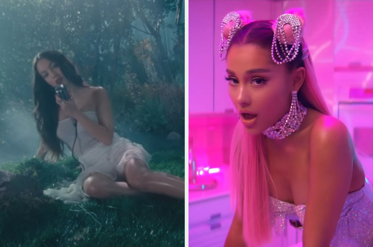 Ariana Grande in a white dress lying down holding a camera; Ariana Grande with jeweled accessories and large bunny ears