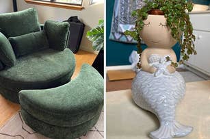 Two items: a green circular sofa with ottoman, and a ceramic mermaid planter with cascading plant