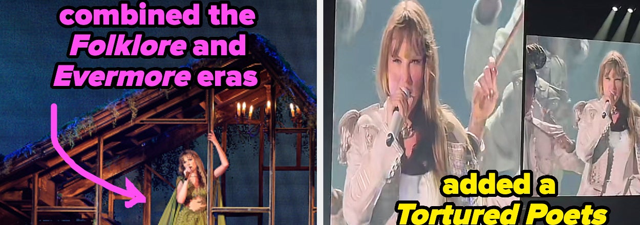 Taylor Swift performs onstage with a cabin backdrop and a screen showing her close-up. Text references her album eras