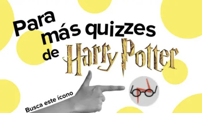 Mano señalando un icono de gafas, texto &quot;Para más quizzes de Harry Potter&quot; con fondo amarillo y detalles
