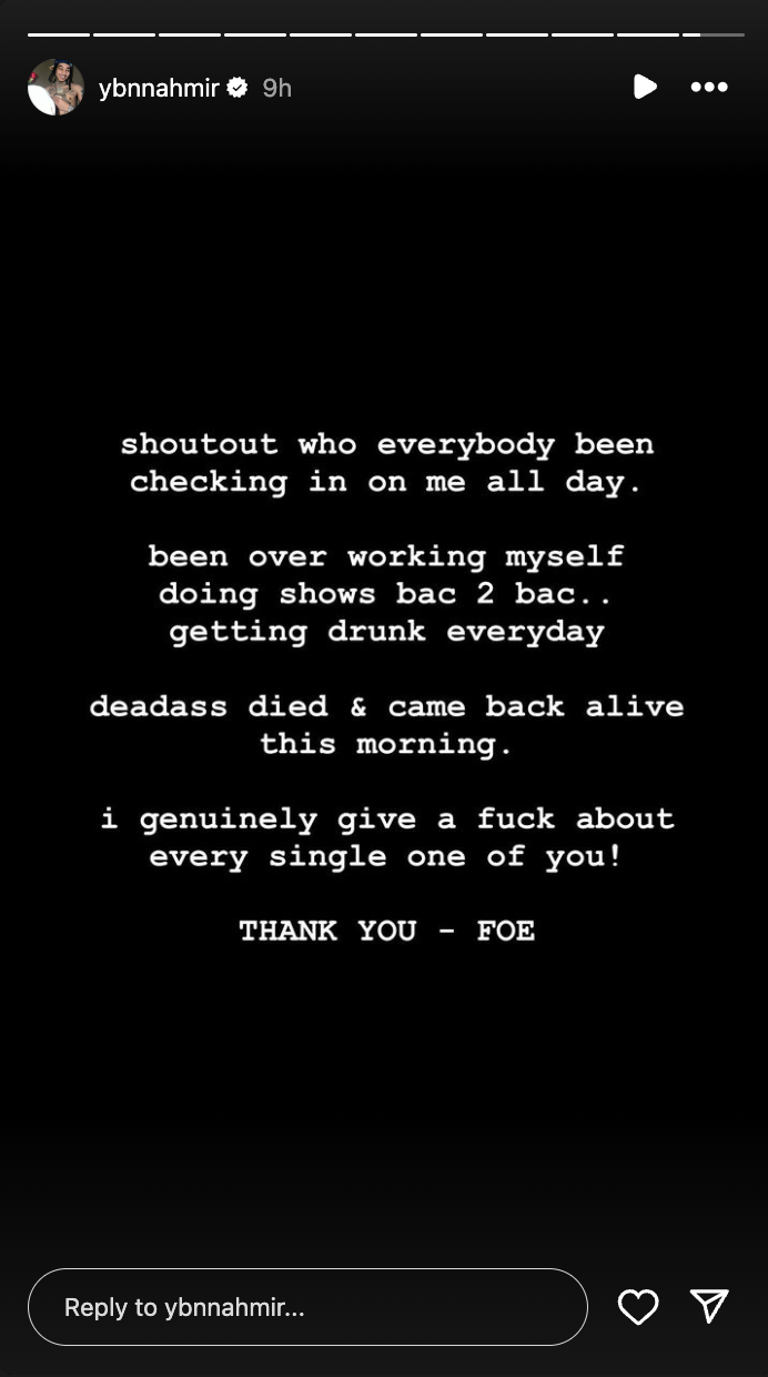 A screenshot of YBN Nahmir&#x27;s Instagram story, expressing gratitude to those checking on him amid challenges
