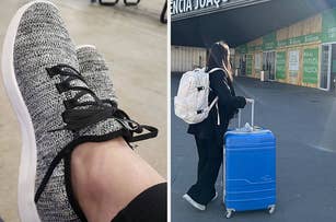 Person relaxing in a sneaker; traveler with luggage at a bus station