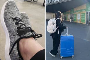 Person relaxing in a sneaker; traveler with luggage at a bus station
