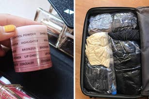 Left: Hand holding a stack of labeled makeup products. Right: Open suitcase neatly packed with clothing