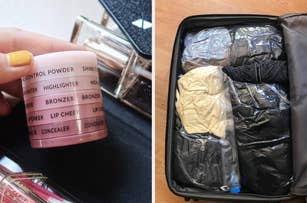 Left: Hand holding a stack of labeled makeup products. Right: Open suitcase neatly packed with clothing
