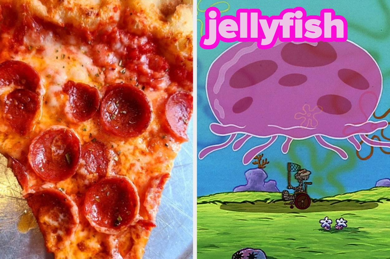 Slice of pepperoni pizza on left, illustrated jellyfish and character on bicycle on right