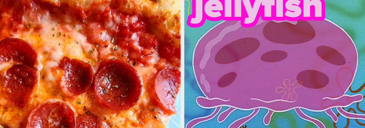 Slice of pepperoni pizza on left, illustrated jellyfish and character on bicycle on right