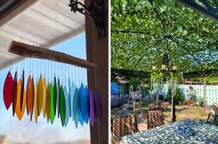 Colorful glass wind chimes hanging on a porch / a pergola with vines over the top of it