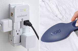 an outlet with several ports; a navy Nori iron