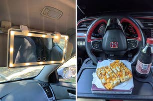 A car visor vanity mirror on left, and a car interior with pizza on the dashboard on right