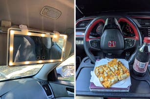 A car visor vanity mirror on left, and a car interior with pizza on the dashboard on right