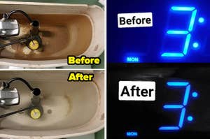 before and afters for a toilet tank cleaner and light dimming stickers