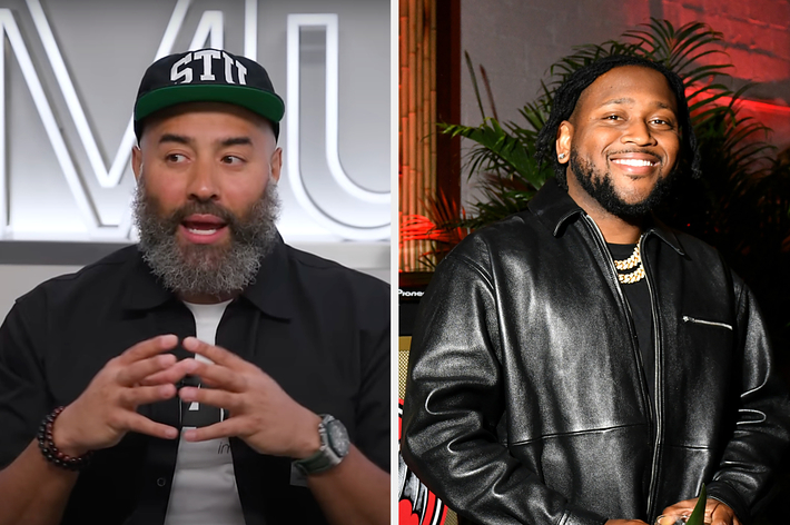 Ebro Darden in a baseball cap speaking, and Yung Miami in a leather jacket smiling at an event
