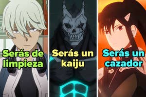 Tres personajes de anime: un joven con cabello blanco, un monstruo oscuro y una chica con atuendo negro