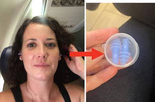 L: a reviewer on an airplane wearing earplugs, R: an arrow pointing to a slow-up of earplugs in a case
