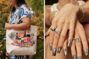 Woman carrying a tote bag; close-up of hands with metallic nail art showcasing jewelry